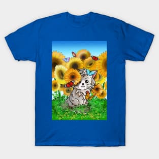 Cute cartoon cat and butterflies in a sunflower field T-Shirt